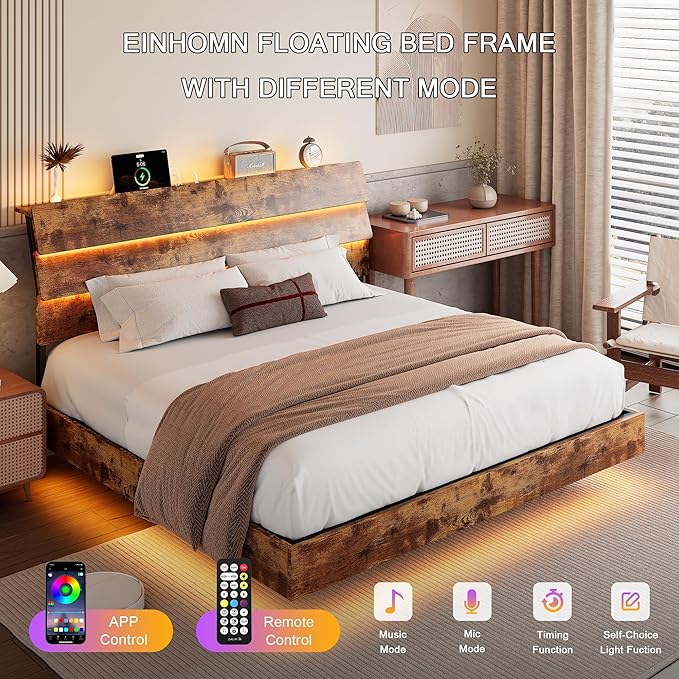 Floating Bed Frame King Size with Led Headboard and Charging Station, Metal Platform Bed Base with Storage, Remote Control, Heavy Slats Support, No Box Spring Needed, Noise Free, Vintage Brown