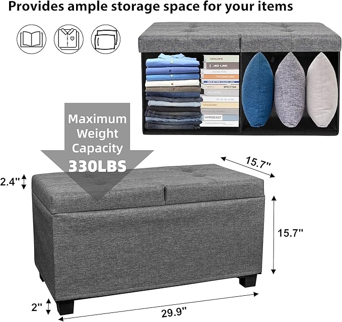 LITZFUE Metal Storage Ottoman Bench with Flipping Lid, 30 Inches Shoe Bench with Legs, Linen Footrest, Storage Chest for Living Room, Bedroom, Entryway, Dark Gray