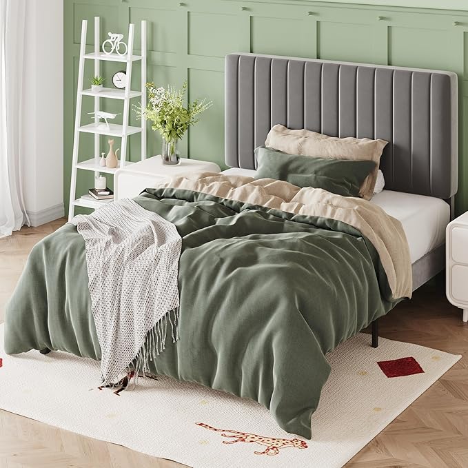Allewie Twin Bed Frame, Velvet Upholstered Platform Bed with Adjustable Vertical Channel Tufted Headboard, Mattress Foundation with Strong Wooden Slats, Box Spring Optional, Easy Assembly, Grey