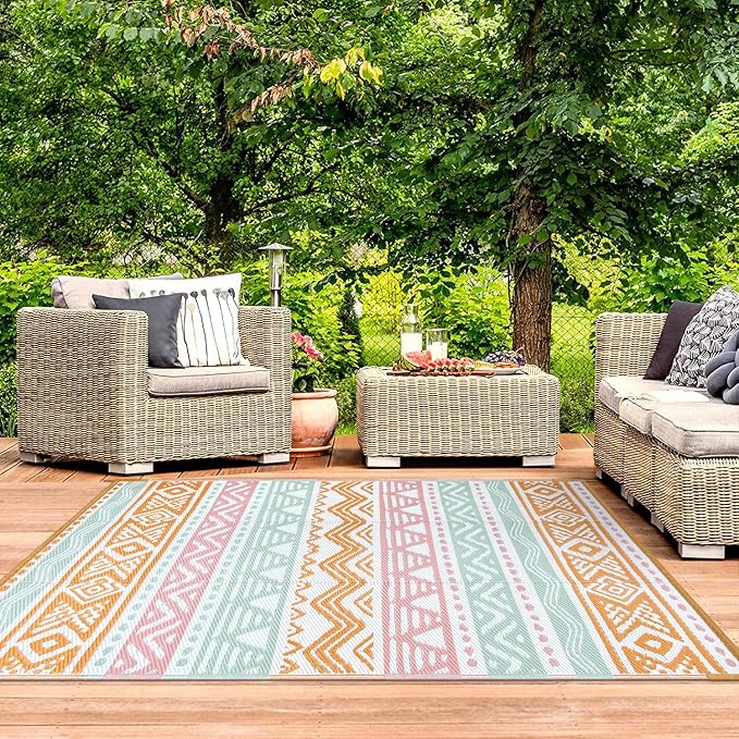 Lahome Outdoor Rug Waterproof, 5x8ft Reversible Outdoor Plastic Straw Rug for Camping Patio, RV Outdoor Rugs Outside, Outdoor Carpet for Porch Deck Backyard Balcony Picnic(Pink/Orange,5'x 8')