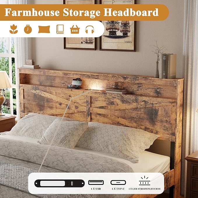Farmhouse Wooden Bed Frame King Size with Storage Headboard, Boho Platform Bedframe with LED Lights and Charging Station, Metal Slats Support, No Box Spring Needed, Brown
