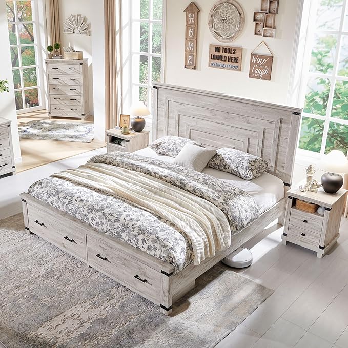 T4TREAM Farmhouse King Size Bed Frame with 54" Tall Geometric Headboard & 2 Large Storage Drawers, Rustic Wood Platform Bed with Wood Slats Support, No Box Spring Needed, Antique Brushed White