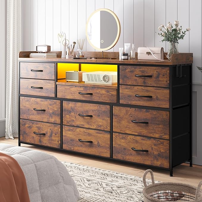 Dresser TV Stand with 11 Drawers for 60" TV Stand for Bedroom with LED Lights & Power Outlets Long Dresser for Bedroom with Shelves & 4 Hooks, Sturdy Metal Frame & Thick Wood Top, Rustic Brown