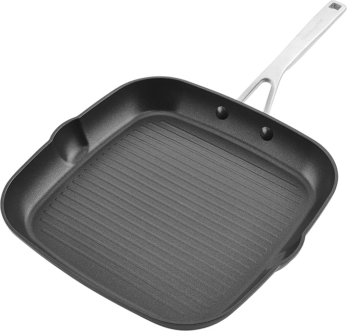 KitchenAid Hard Anodized Induction Nonstick Square Grill Pan/Griddle with Pouring Spouts, 11.25 Inch, Matte Black