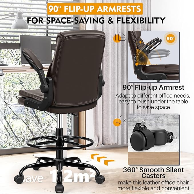 Drafting Chair Tall Office Chair Leather Executive Office Chair with Adjustable Foot Ring Flip Up Armrest - Comfy Ergonomic Desk Chairs with Lumbar Support for Office Home Studio - Brown