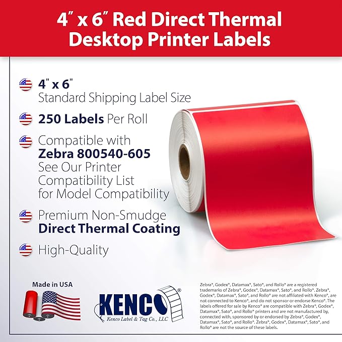 4" X 6" Direct Thermal Perforated Stickers Labels for Shipping Labels, Inventory, and Color Coding - Compatible with Zebra, Rollo, Godex and More (Red, 1 Roll)