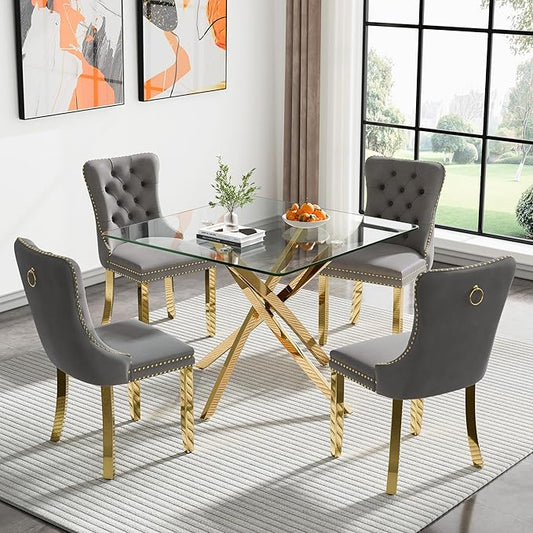 Goujxcy 5 Piece Glass Dining Table Set Modern Small Glass Dining Table Set for 4, 35.43" Square Kitchen Table and 4 Velvet Upholstered Chairs for Kitchen Dining Room, Gold & Grey