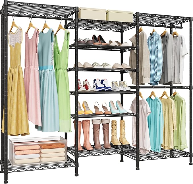 H12 Heavy Duty Clothes Rack with Adjustable 5-Tier Shoe Rack, Freestanding Clothing Racks for Hanging Clothes, Metal Shoe Organizer Large Closet Racks, 15.7" D x 68.7" W x 76.4" H, Black