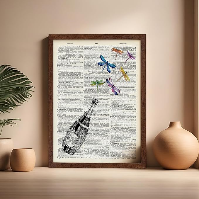 Poster Master Dictionary Art Poster - Champagne Bottle Print - Dragonfly Art - Alcohol Art - Gift for Men, Women & Bartender - Great Decor for Bar, Kitchen or Restaurant, 16x20 Brown Framed