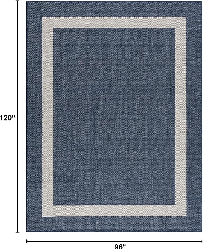 CAMILSON Outdoor Rug 8x10, Modern Outside Rugs for Patios Porches Waterproof Durable Washable Non-Shedding, Easy-to-Clean Indoor Outdoor Area Carpet (8 x 10, Bordered - Blue/White)