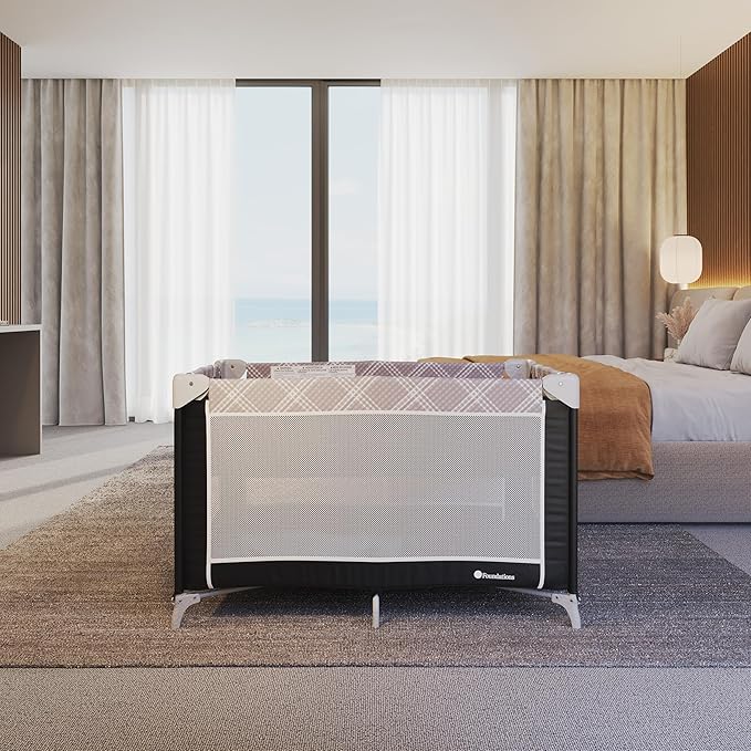 Foundations Sleep 'N Store Baby Pack and Play Yard - Portable Playpen with Removable Bassinet, Foldable Travel Playpen with Storage Bag & Foam Mattress, Designed for Hotels & Daycares- Mod Plaid Gray