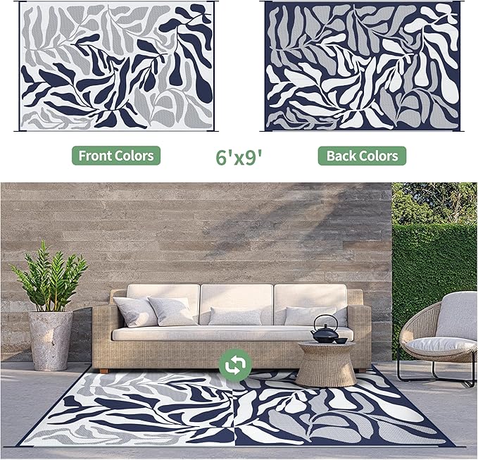 GENIMO Outdoor Rug 6' x 9' Waterproof for Patio Clearance, Reversible Plastic Straw Camping Carpet, Lightweight Rugs Mats for Rv, Backyard, Deck, Porch, Picnic, Beach, Balcony, Blue & White