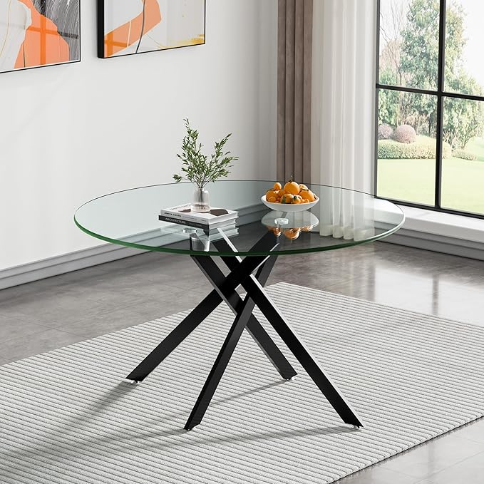 47.24" Round Glass Dining Table Modern Kitchen Glass Top Table for 6 with Black Metal Legs, Clear Dining Table Kitchen Table for Home Office Dining Room