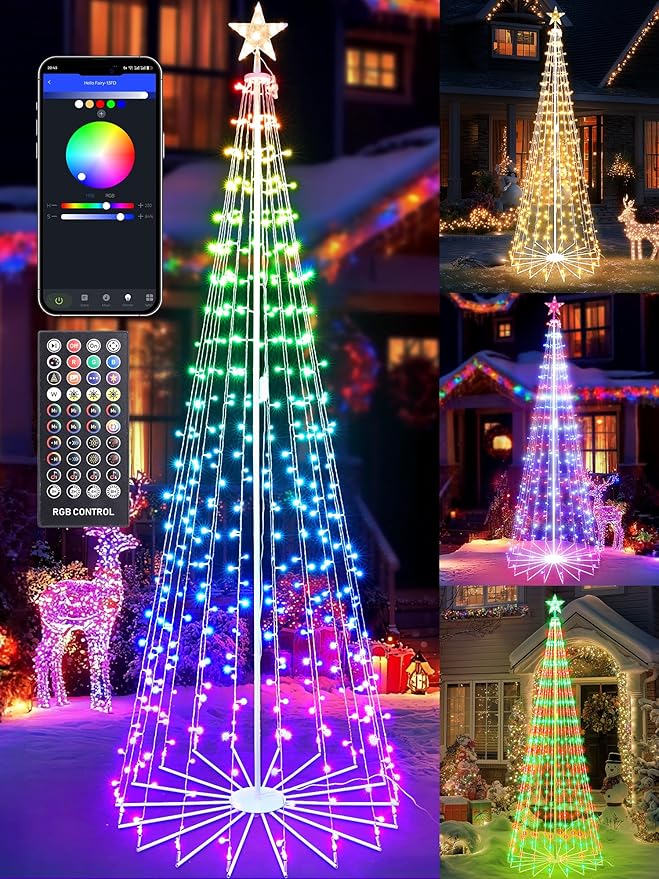 Flacchi 8.8 FT Smart Christmas Tree Lights - Star Tree Topper with Removable Bracket, App Control, Sync with Music, Waterfall Colored Lights for Indoor Outdoor Xmas Decorations (8.8FT/ String Lights)