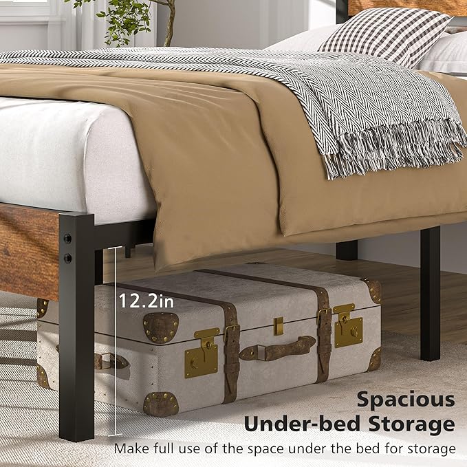 VECELO Queen Size Platform Bed Frame with USB Charging Station and Wood Storage Headboard, Heavy Duty Metal, Large Storage, Noise-Free, No Box Spring Needed, Easy Assembly, Rustic Brown