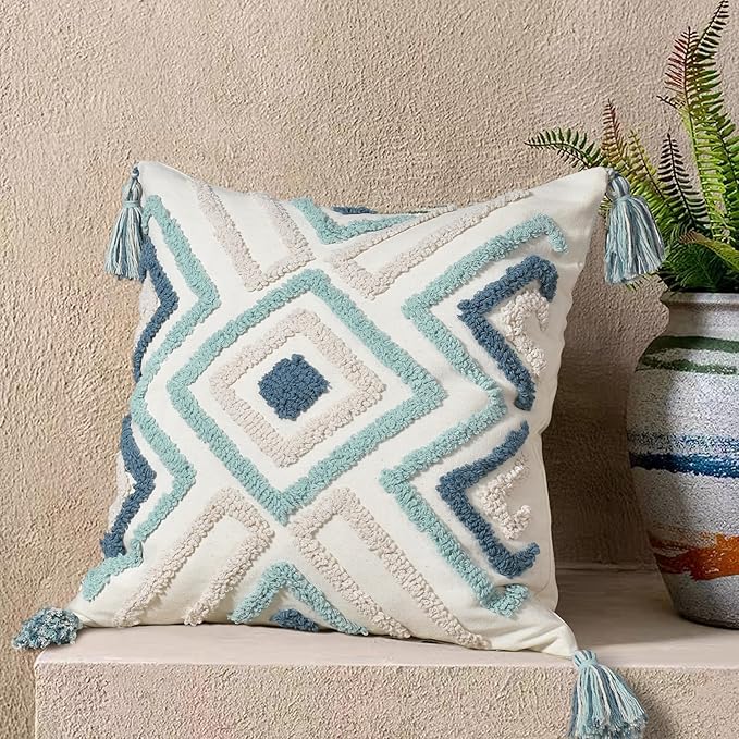 Boho Pillow Covers 18X18 Inch Boho Tufted Throw Pillow Covers Decorative Tassels Cushion Cover Farmhouse Pillow Case for Couch Sofa Bed Living Room Bedroom, Teal