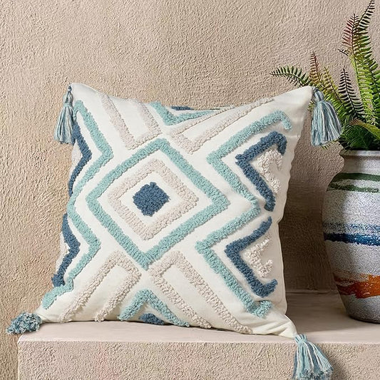 Boho Pillow Covers 18X18 Inch Boho Tufted Throw Pillow Covers Decorative Tassels Cushion Cover Farmhouse Pillow Case for Couch Sofa Bed Living Room Bedroom, Teal