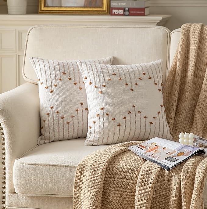 Caflife Boho Throw Pillow Covers 20x20 Set of 2 Decorative Pillows for Bed, Neutral Pillow Covers Beige with Brown Line Throw Pillows for Modern Farmhouse Couch Sofa Living Room Outdoor