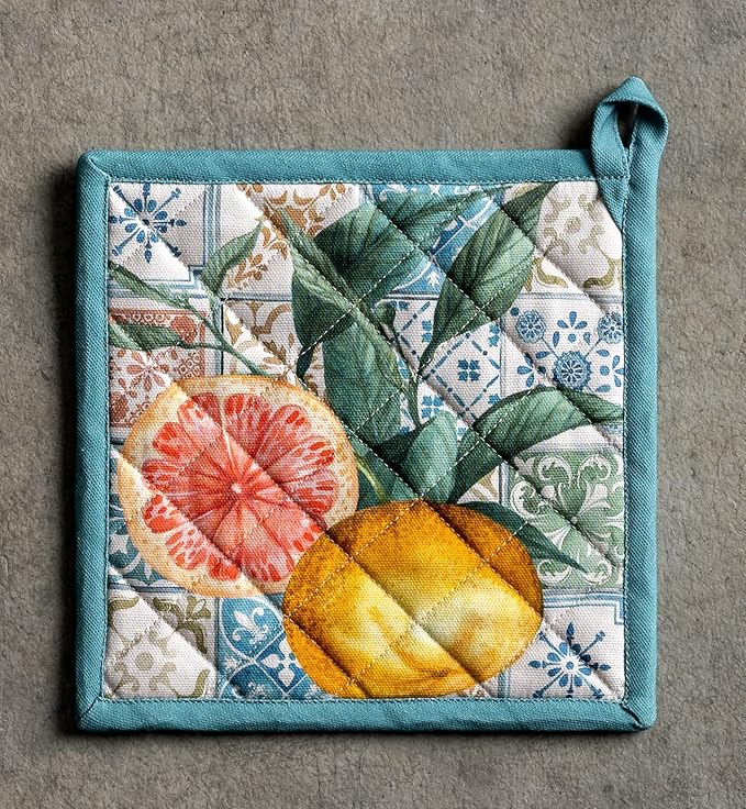 Maison d' Hermine Pot Holders 100% Cotton Heat Resistant Potholders 8" x 8" Hot Pads with Loop BBQ, Cooking, Baking, Grilling, Kitchen, Handling Hot Pans Spring/Summer (Pack of 1, Agrume)