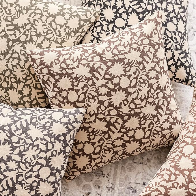 Foindtower Set of 2 Decorative Neutral Floral Throw Pillow Covers Accent Farmhouse Cushion Covers Boho Vintage Pillowcase for Couch Sofa Bedroom Living Room Home Decor Outdoor,20×20 Inch,Brown