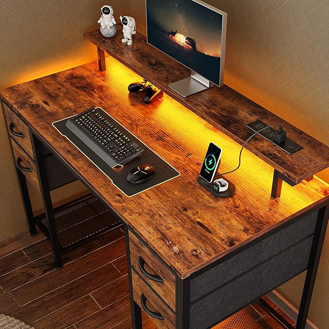 Huuger 47 inch Computer Desk with 4 Drawers, Gaming Desk with LED Lights & Power Outlets, Home Office Desk with Large Storage Space for Bedroom, Work from Home, Rustic Brown