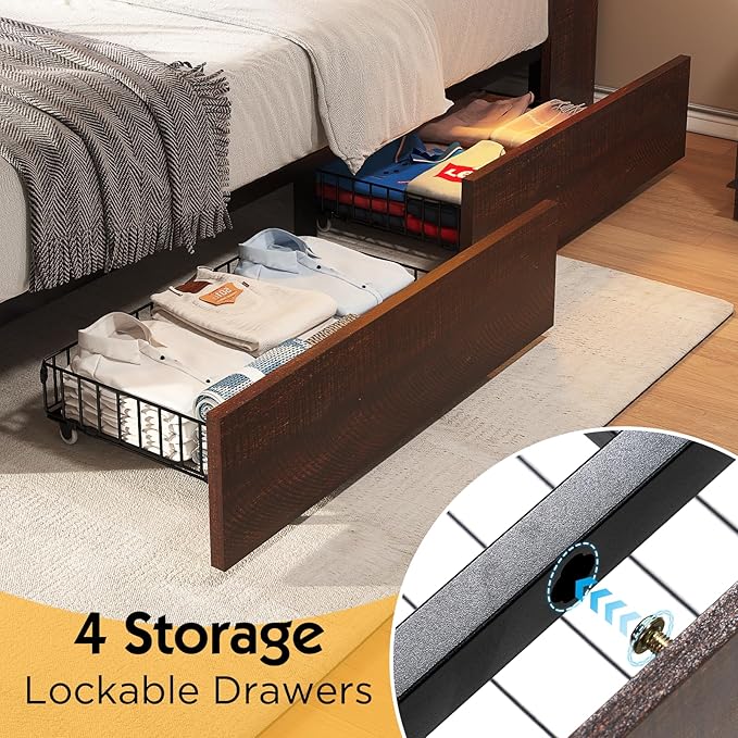 Queen Farmhouse Bed Frame with Bookcase Headboard and 4 Drawers, LED Storage Bed with Charging Station & Linen Upholstered, No Box Spring Needed, Reclaimed Barnwood