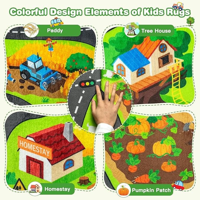 Kids Farm Play Rug, 5' x 7' FT Happy Farm Activity Playmat, Extra Thick (0.4in) - Non-Slip Car Rugs for Kids' Toy Cars, Educational Play Mat Race Track Carpet for Kid's Room, Bedroom and Learning