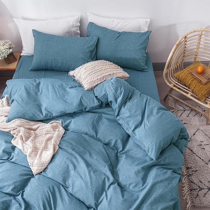 MooMee Bedding Duvet Cover Set 100% Washed Cotton Linen Like Textured Breathable Durable Soft Comfy (Heathered Peacock Blue, Super Queen 90"x98")