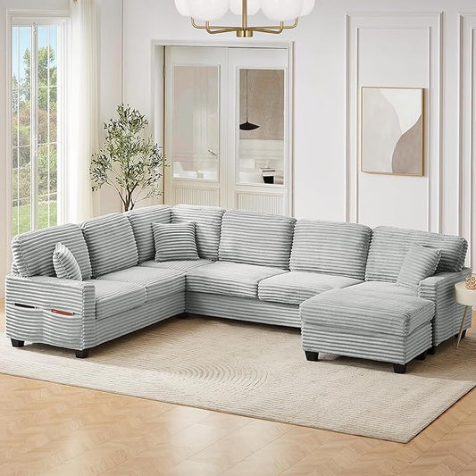 125.2" Sectional Sofa U-Shaped Upholstered Sofa L-Shaped Couch with a Movable Ottoman and Side Storage Pockets for Living Room, Grey