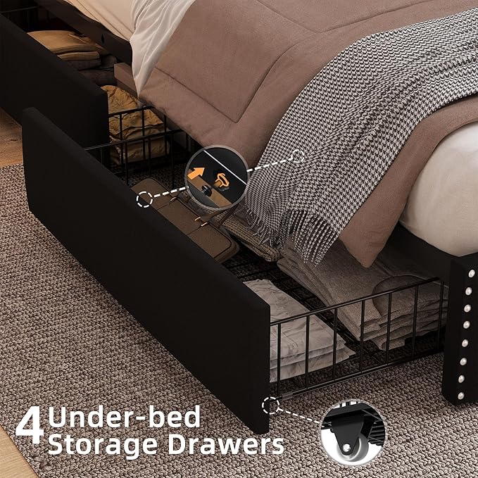 BRELTAM Black Queen Size Bed Frame with LED Light and Charging Station,Upholstered Velvet Tufed Bed Frame with 4 Storaged Drawers Platform Bed Frame with Headboard Heavy Duty Wood Slats, Noise Free