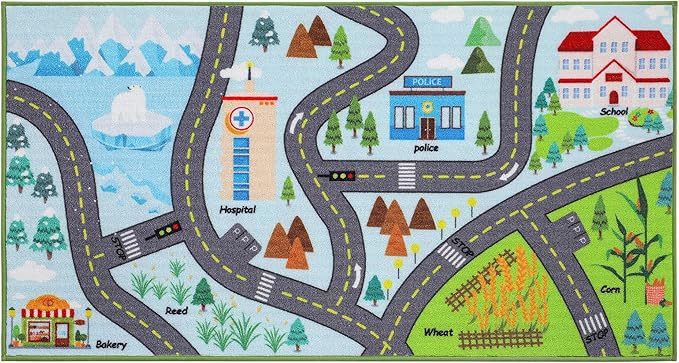 BEQHAUSE Kids Rug City Life, 32”x60” Educational Road Traffic Kids Rug, Non Slip Washable Play Mat Carpets for Children's Bedroom Playroom Nursery Room Decor