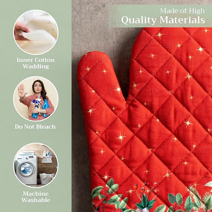 Maison d' Hermine Oven Gloves 100% Cotton Oven Mitt 7" x 13" with Loop Heat Resistant BBQ Cooking Gloves for Thanksgiving Christmas Decorations Baking Handling Hot Pans (Pack of 1, Noel)