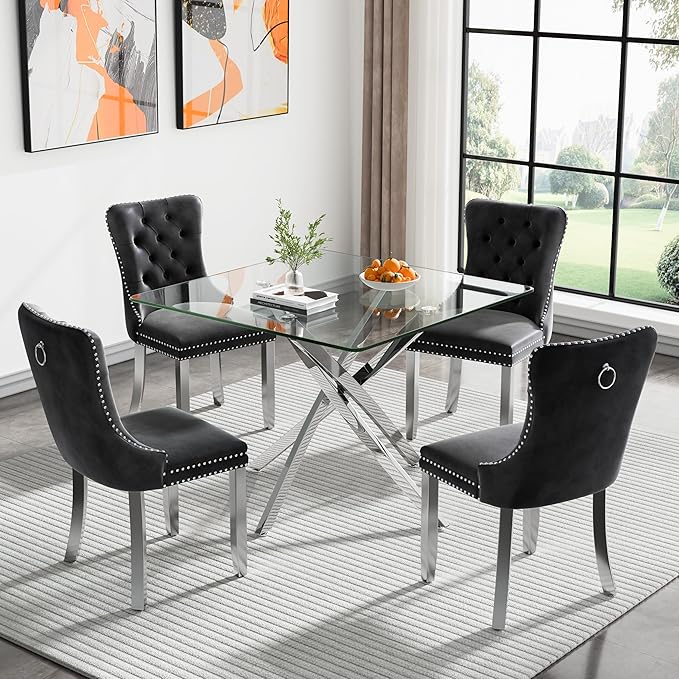 Goujxcy 5 Piece Glass Dining Table Set Modern Small Glass Dining Table Set for 4, 35.43" Square Kitchen Table and 4 Velvet Upholstered Chairs for Kitchen Dining Room, Silver & Black