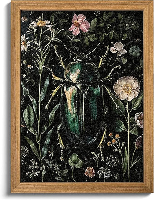 Framed Vintage 3D Textured Wall Art - Gothic Dark College Beetle Wall Decor - Hand Drawn Sandstone Nature Botanical Pictures for Living Room Bedroom Home Decor 24x36in