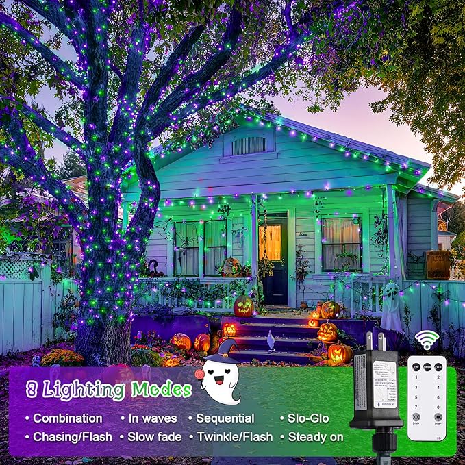 JMEXSUSS Purple and Green Halloween Lights, 132ft 400 LED Halloween Lights Plug in, String Light Indoor Outdoor for Yard Tree Porch Decor