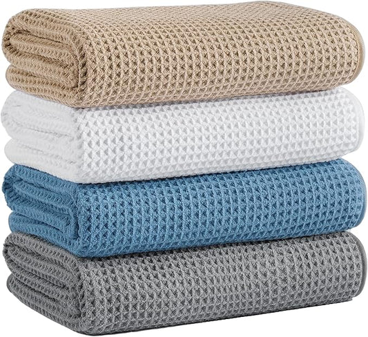 Microfiber Waffle Bath Towels, 4 Pieces, Soft, Absorbent, Fast Drying, Lint Free (Beige+Gray+Blue+White)