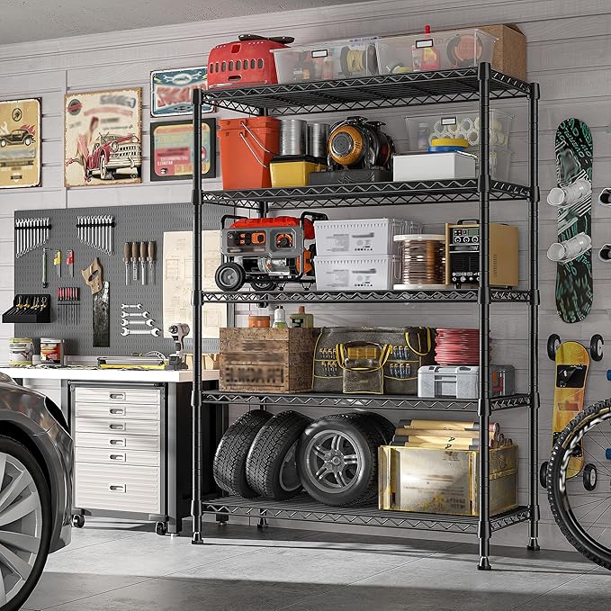 REIBII 73''H Storage Shelves 1660LBS Wire Shelving Unit with Wheels 5 Tier Metal Shelving,Heavy Duty Metal Shelves for Storage Rack,73''HX35''WX15''D