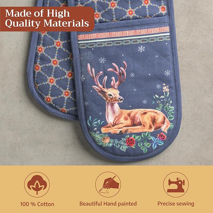 Maison d' Hermine Double Oven Mitt (7" x 35") 100% Cotton Heat Resistant BBQ Cooking Gloves with Loop for Thanksgiving Christmas Decorations Baking Cooking Barbeque Handling Hot Pan (Christmas Joy)