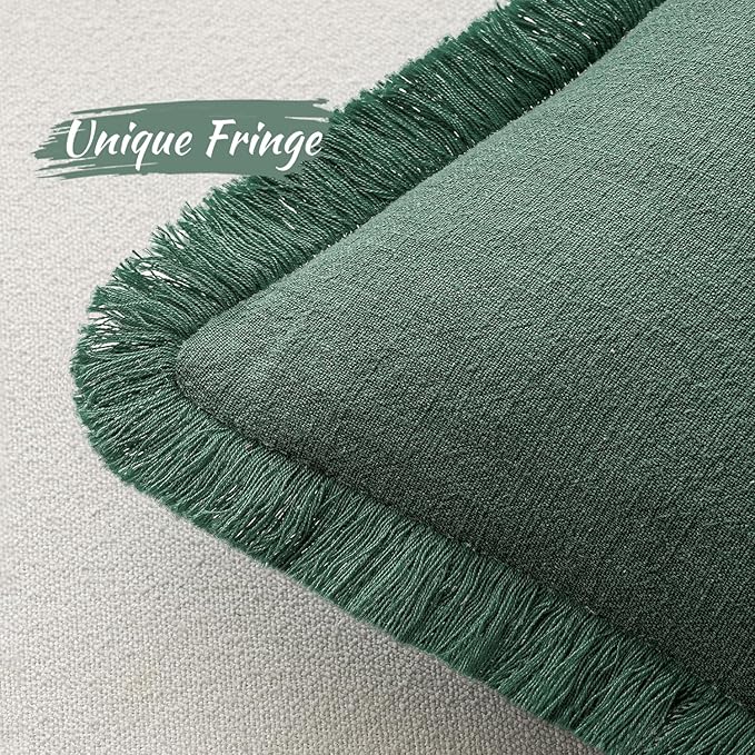 MIULEE Decorative Throw Pillow Covers Neutral Linen Fringe Throw Pillows Set of 2 Greyish Green Boho Farmhouse Cushion Covers with Tassels for Couch Sofa Bed Living Room Spring Home Decor 18x18 Inch