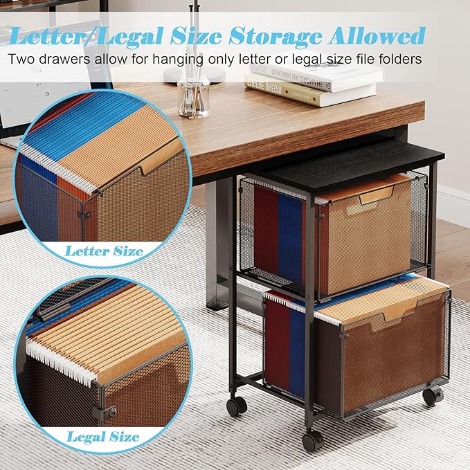 Letter/Legal Rolling File Cart with 2 Storage Drawers, Under Desk Storage, Vertical Filing Cabinet for Home Office, Hanging File Folders Organizer, Mobile Utility Cart Printer Stand, Black