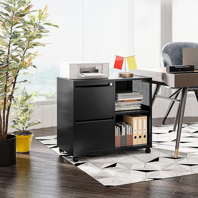 SISESOL 2 Drawer File Cabinet with Lock and Shelf,Mobile Lateral Filing Cabinet,Metal Filing Cabinets with Open Storage Shelves Organizer for Home Office Fit Legal/Letter A4 Size (Black)