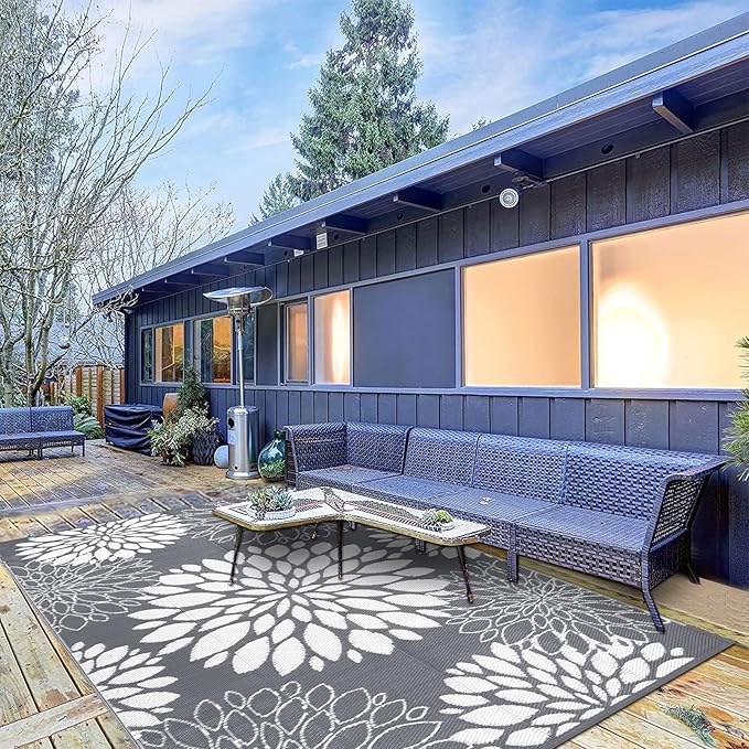 Ileading Reversible Outdoor Rug 5x8Ft Waterproof Patio Rug Carpet Portable Outdoor Plastic Straw Rug Large RV Camping Mat Rug for Patio, Clearance, Deck, Beach, Porch, Camping, Picnic, Flower Grey