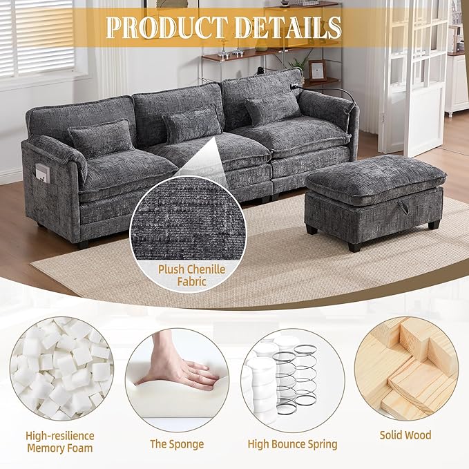 KEIKI 110" L-Shaped Boucle Modular Sectional Chenille Sofa with 1 Ottoman & Memory Foam Cushion & Phone Holder & USB, Upholstered Modern Oversized 4-Seater Couch, Easy Assembly, for Living Room, Gray