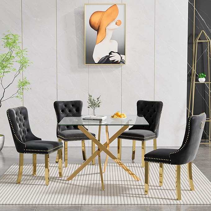 Goujxcy 5 Piece Glass Dining Table Set Modern Small Glass Dining Table Set for 4, 35.43" Square Kitchen Table and 4 Velvet Upholstered Chairs for Kitchen Dining Room, Gold & Black