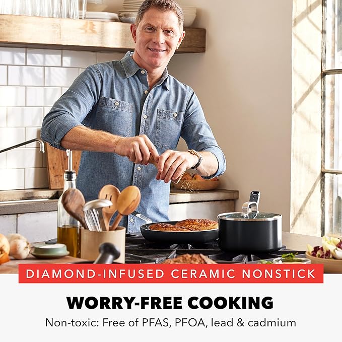 GreenPan x Bobby Flay 2 Piece- 8” and 10” Nonstick Frying Pan Skillet Set, PFAS-Free Diamond Ceramic, Induction Suitable, Stay-Cool Silicone Handle, Easy Clean Dishwasher & Oven Safe, Black