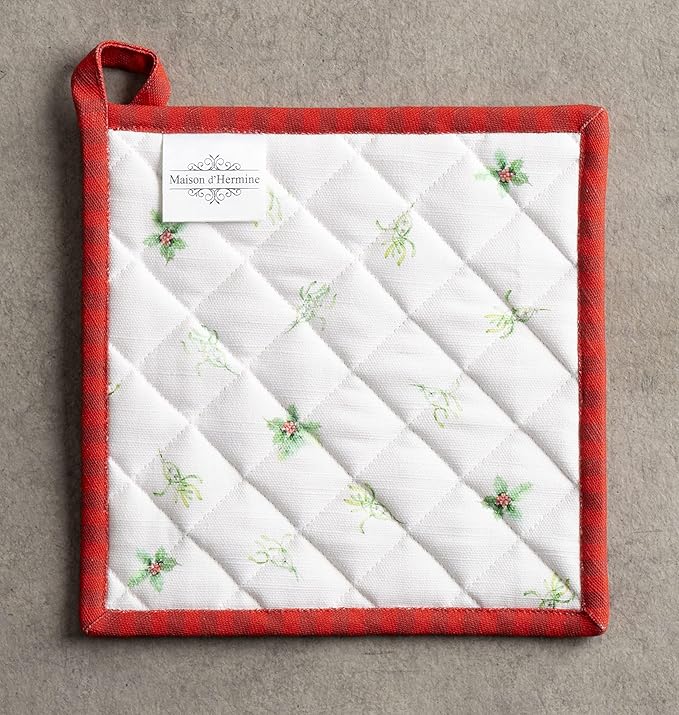 Maison d' Hermine Pot Holders 100% Cotton Heat Resistant Potholders 8" x 8" Hot Pads with Loop for Thanksgiving Christmas Decorations BBQ Cooking Handling Hot Pans (Pack of 1, Christmas Tradition)