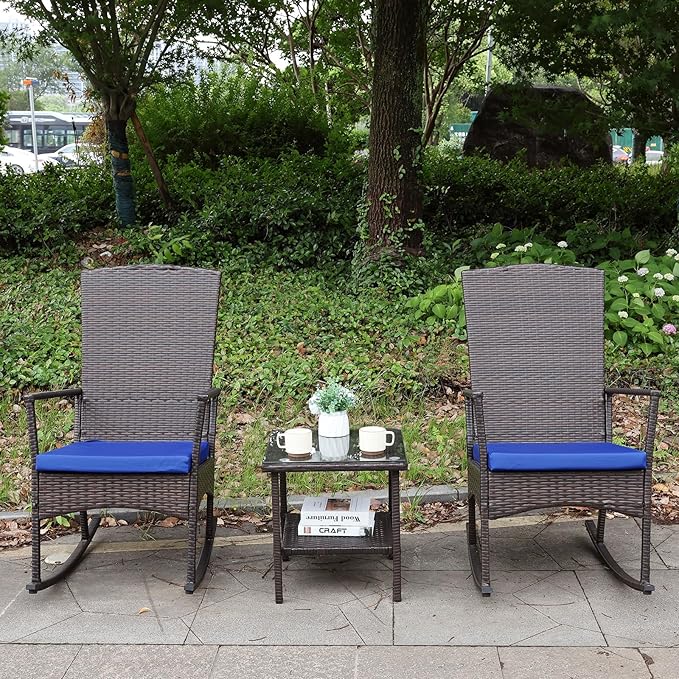 Rocking Chair Outdoor 3 Pieces High-Backed Patio Rocking Chairs Bistro Table and Chairs Set of 2, Royal Blue