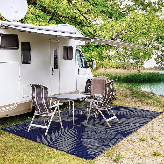 GENIMO Outdoor Rug 4' x 6' Waterproof for Patios Clearance, Reversible Outdoor Plastic Straw Camping Rug Carpet, Large Area Rugs Mats for RV, Camper, Deck, Balcony, Porch, Beach, Picnic Navy Blue&Grey