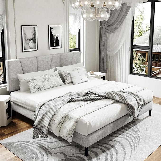 King Size Platform Bed Frame with Upholstered Headboard, Wooden Slats Support, Noise Free, No Box Spring Needed, Easy Assembly, Light Grey, Linen