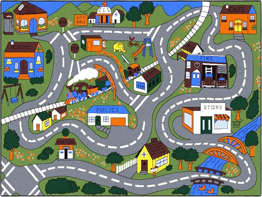 Ottomanson 5' x 6'6" Kids Road Map Rug - Interactive City Traffic Play Mat for Toy Cars - Perfect for Playroom, Bedroom, Daycare & Classroom - Durable & Non-Slip for High-Traffic Areas, Multicolor